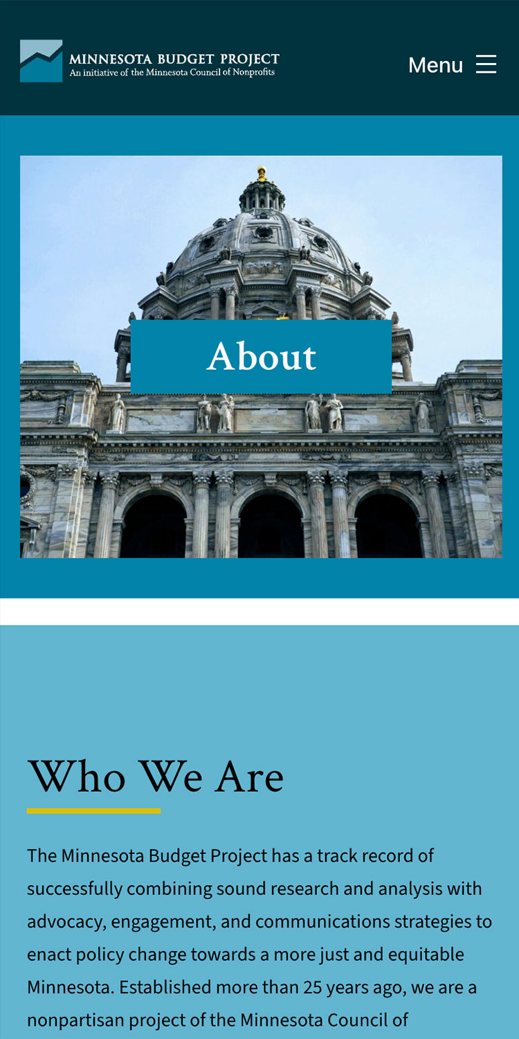 A screenshot of the Minnesota Budget Project site as seen in a mobile browser